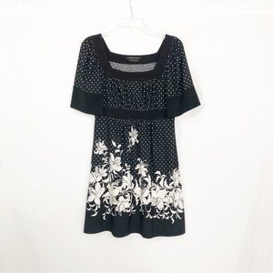 BCBGMAXAZRIA Flowy Floral Babydoll Dress With Polka Dots, Size Small, Black
